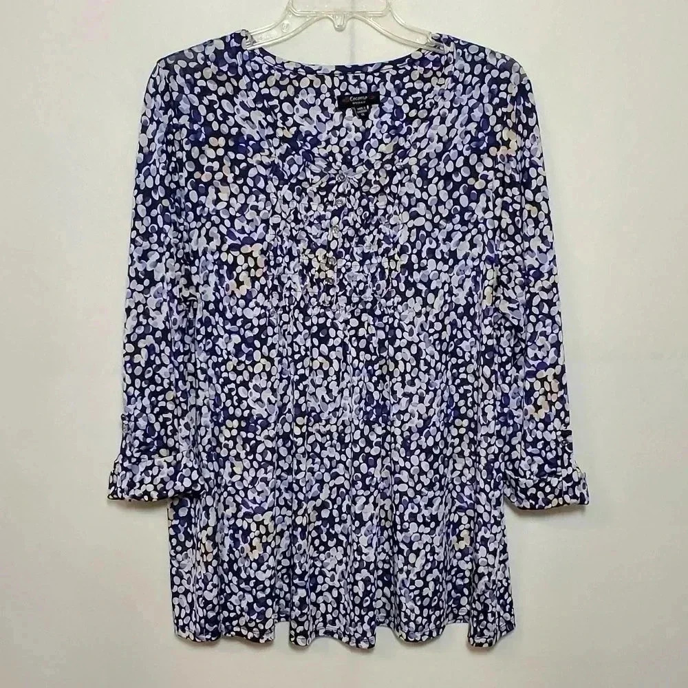 Cocomo Size 1X Blue Floral 3/4 Cuff Sleeve Shirt Top Blouse Plus
